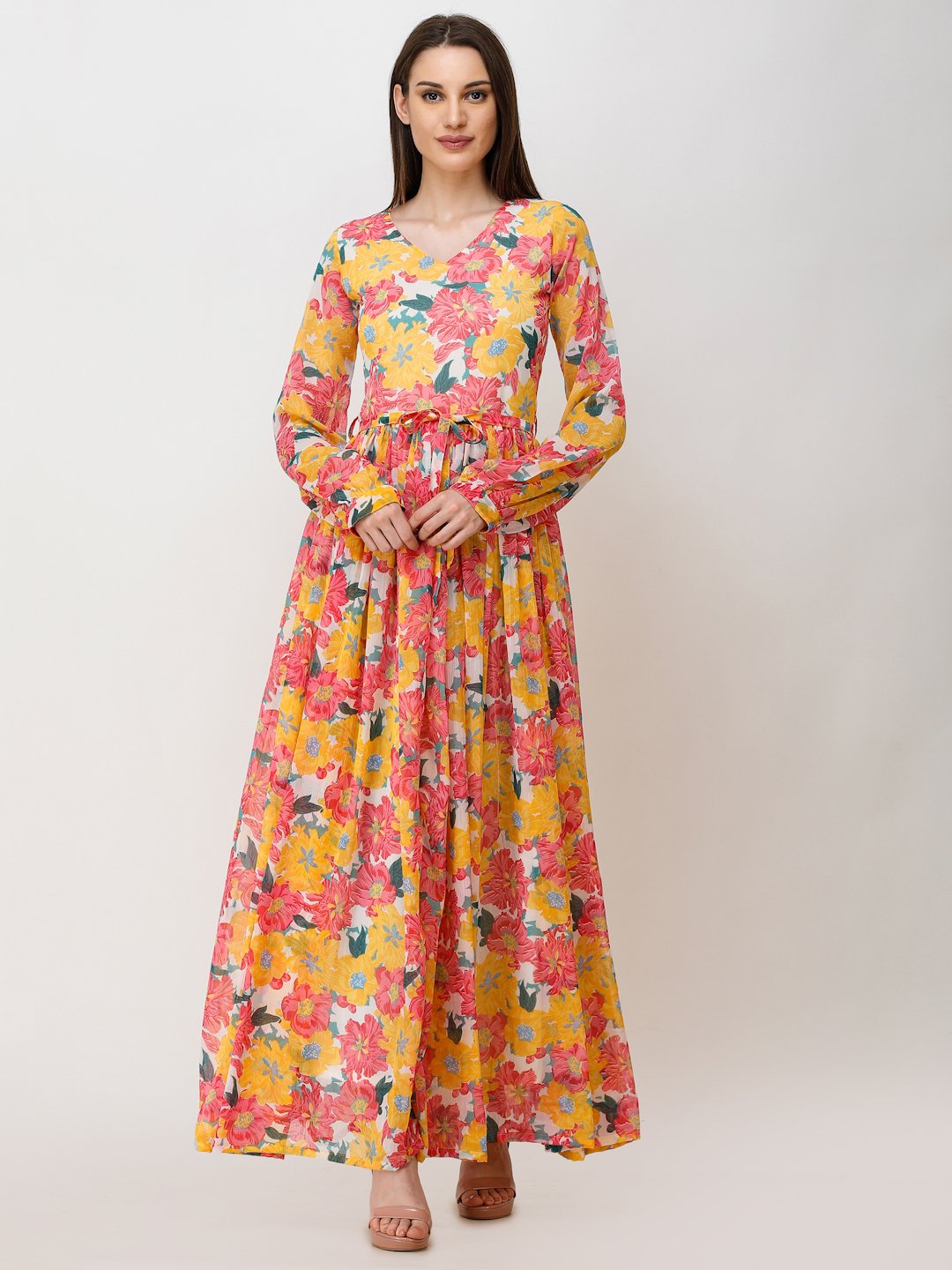 SCORPIUS YELLOW PRINTED MAXI DRESS WITH BELT