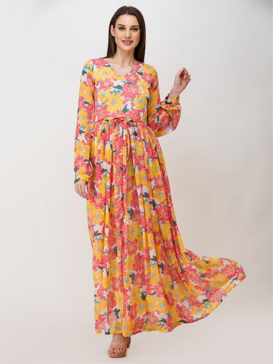 SCORPIUS YELLOW PRINTED MAXI DRESS WITH BELT