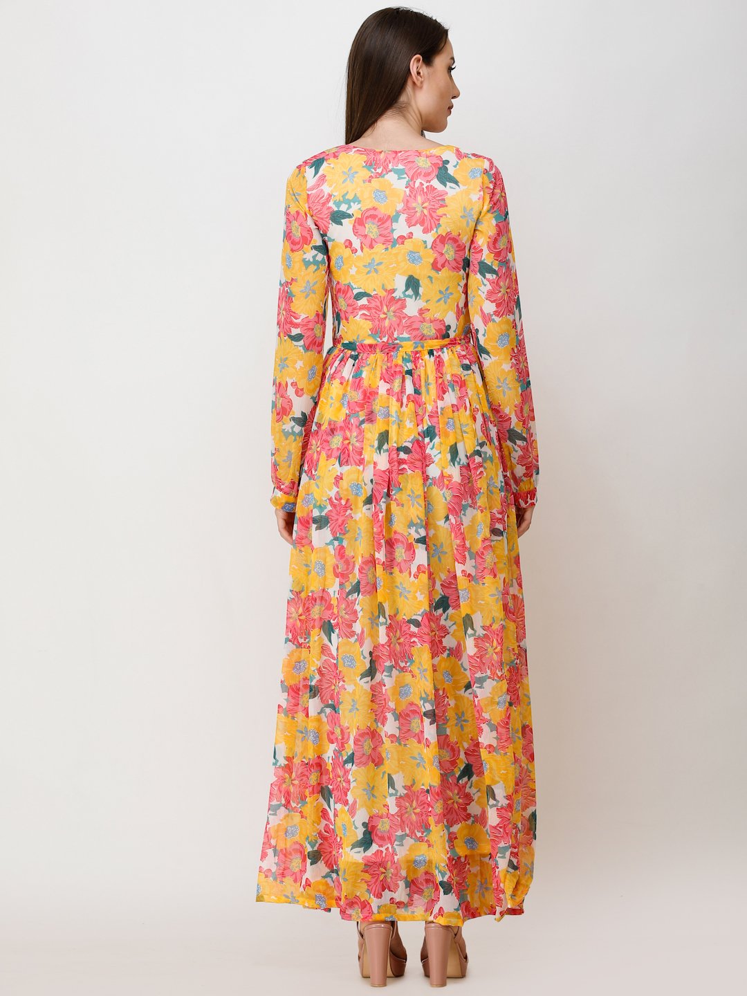SCORPIUS YELLOW PRINTED MAXI DRESS WITH BELT
