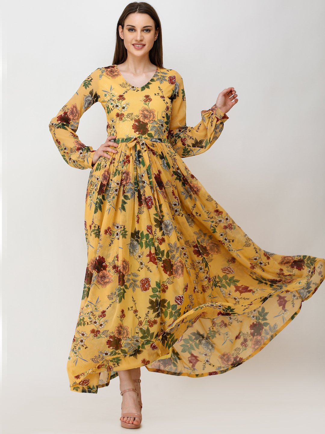 SCORPIUS YELLOW PRINTED MAXI DRESS WITH BELT