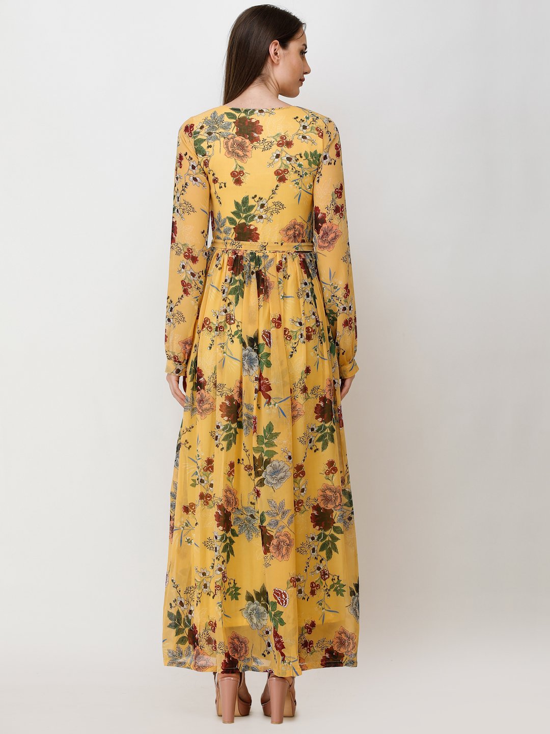 SCORPIUS YELLOW PRINTED MAXI DRESS WITH BELT