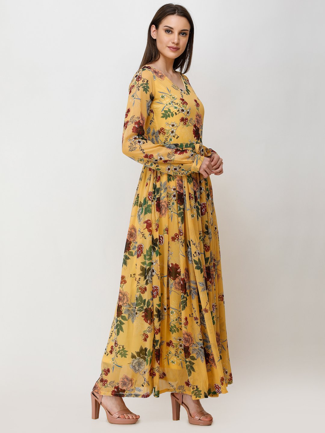 SCORPIUS YELLOW PRINTED MAXI DRESS WITH BELT
