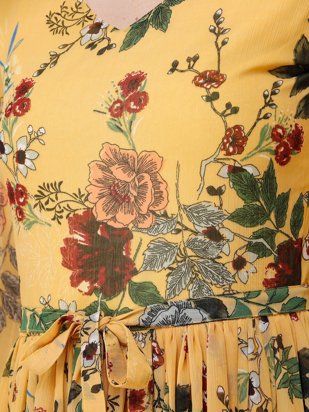 SCORPIUS YELLOW PRINTED MAXI DRESS WITH BELT