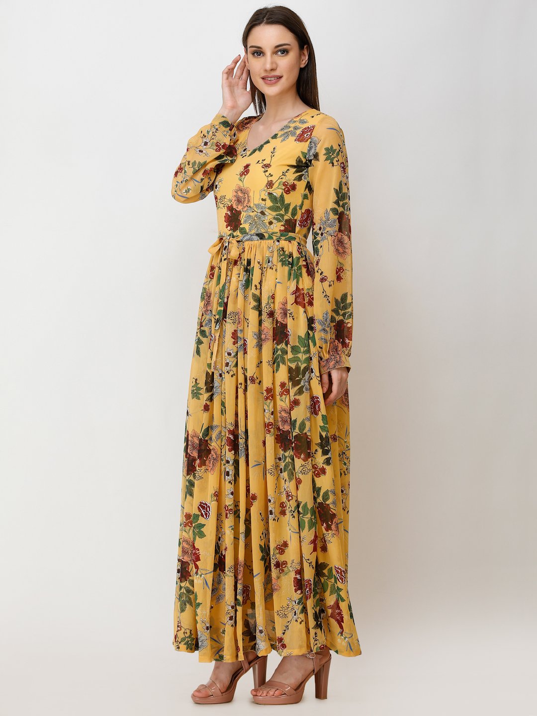 SCORPIUS YELLOW PRINTED MAXI DRESS WITH BELT