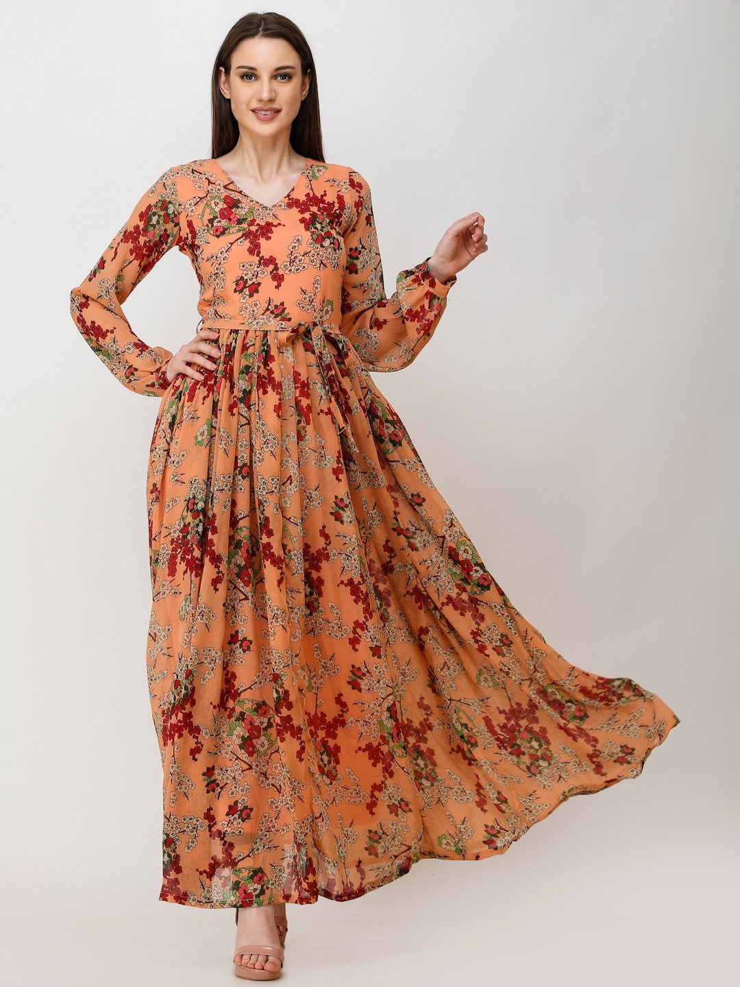SCORPIUS ORANGE PRINTED MAXI DRESS WITH BELT