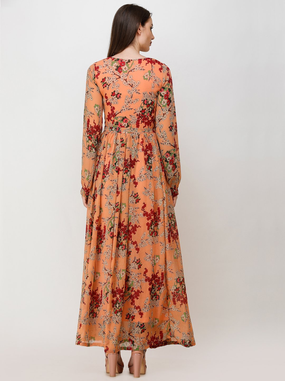 SCORPIUS ORANGE PRINTED MAXI DRESS WITH BELT