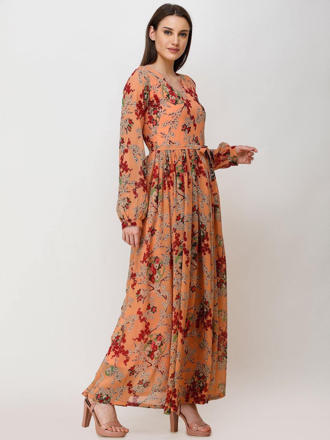 SCORPIUS ORANGE PRINTED MAXI DRESS WITH BELT
