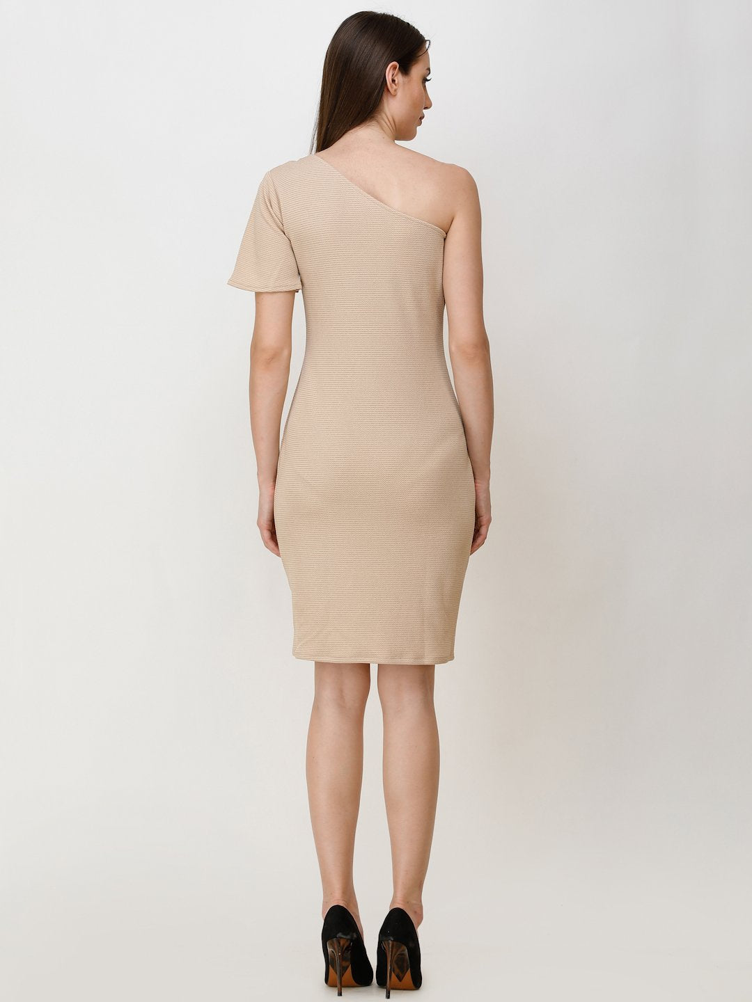 SCORPIUS BEIGE ONE SHOULDER BODYCON DRESS
