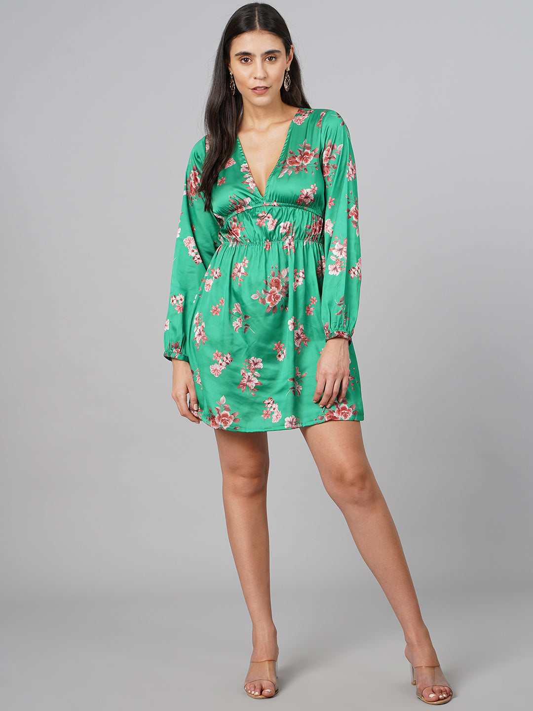 SCORPIUS Satin Green Printed Dress