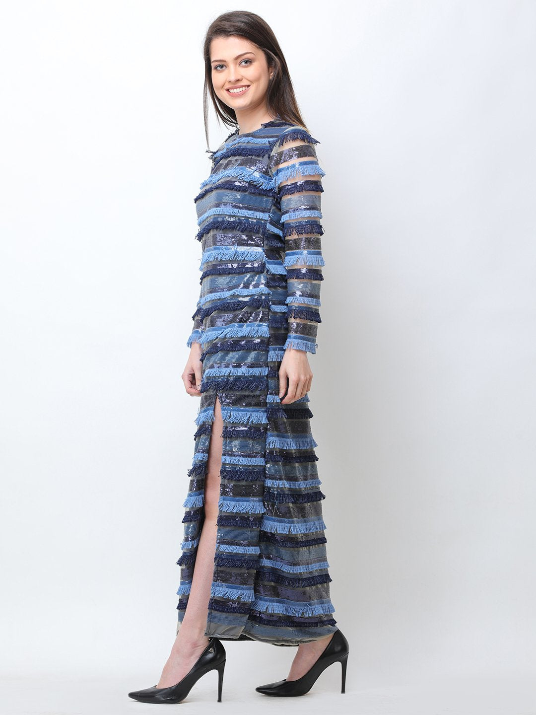 Scorpius Blue front cut sequin dress