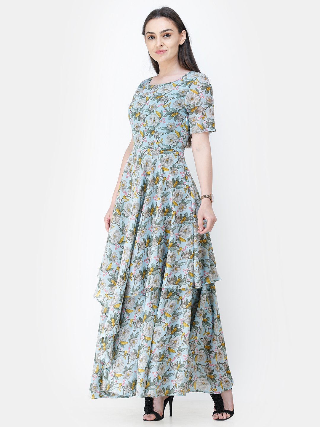 Scorpius light blue floral frilled long dress