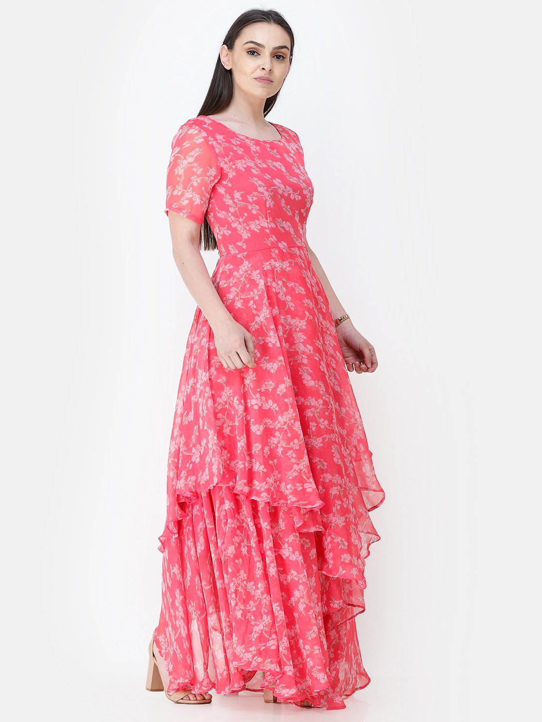 Scorpius pink floral frilled long dress