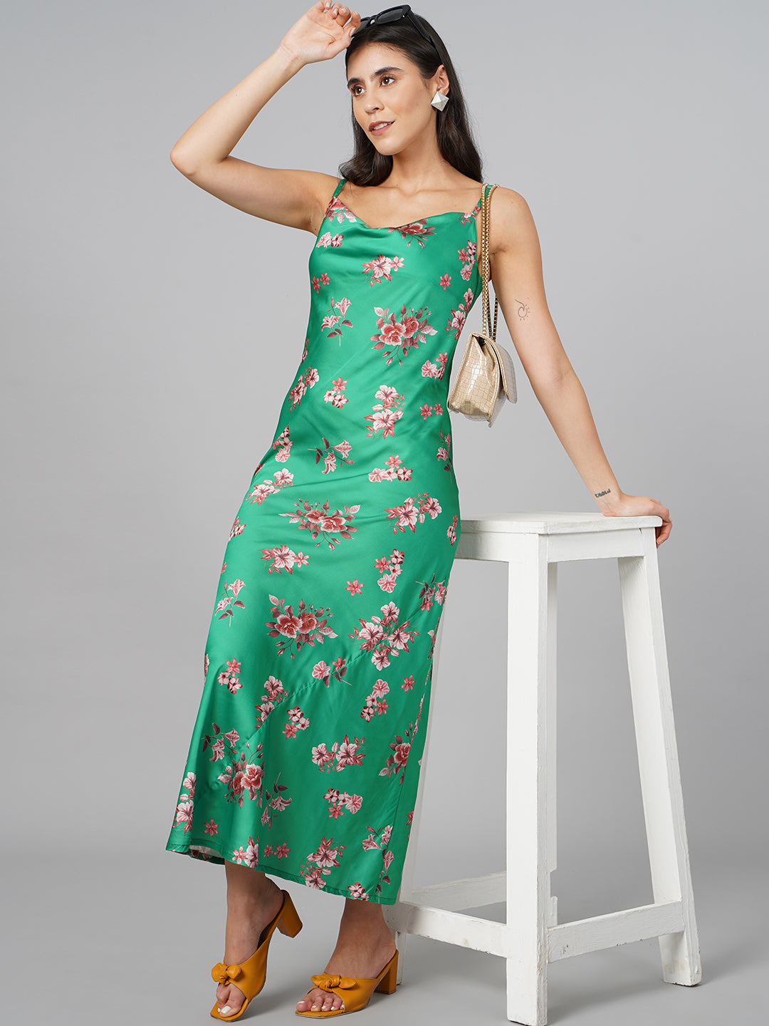 SCORPIUS Satin Green Printed Dress