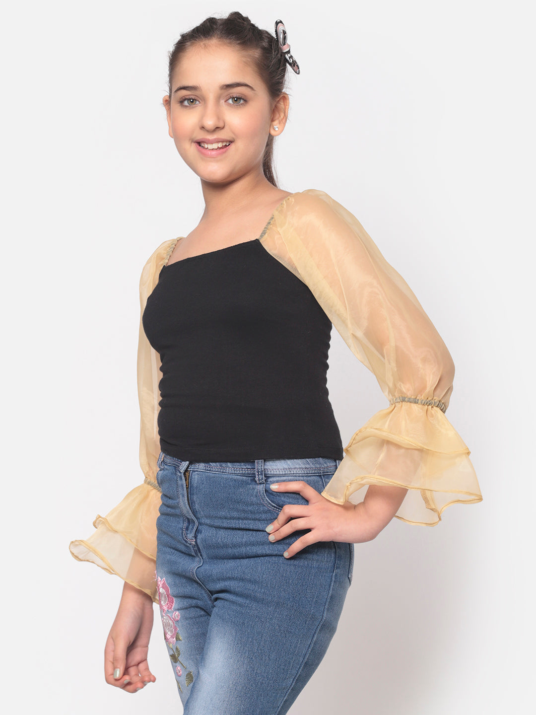 MINOS Black Organza Sleeve Top