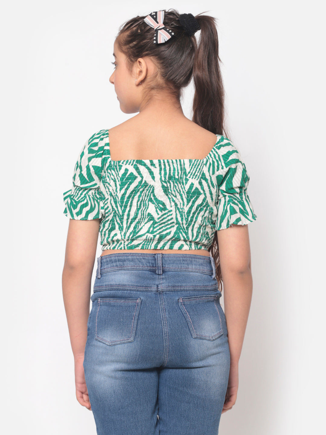 MINOS Green Printed Smocked Top