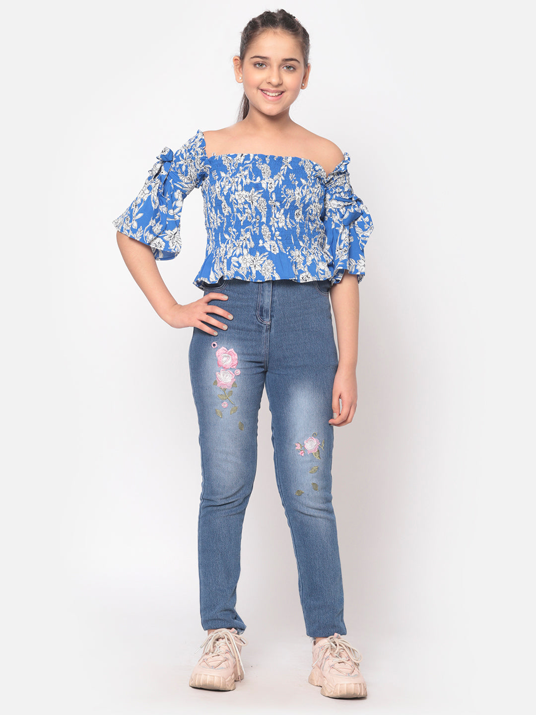 MINOS Blue Printed Smocked Top