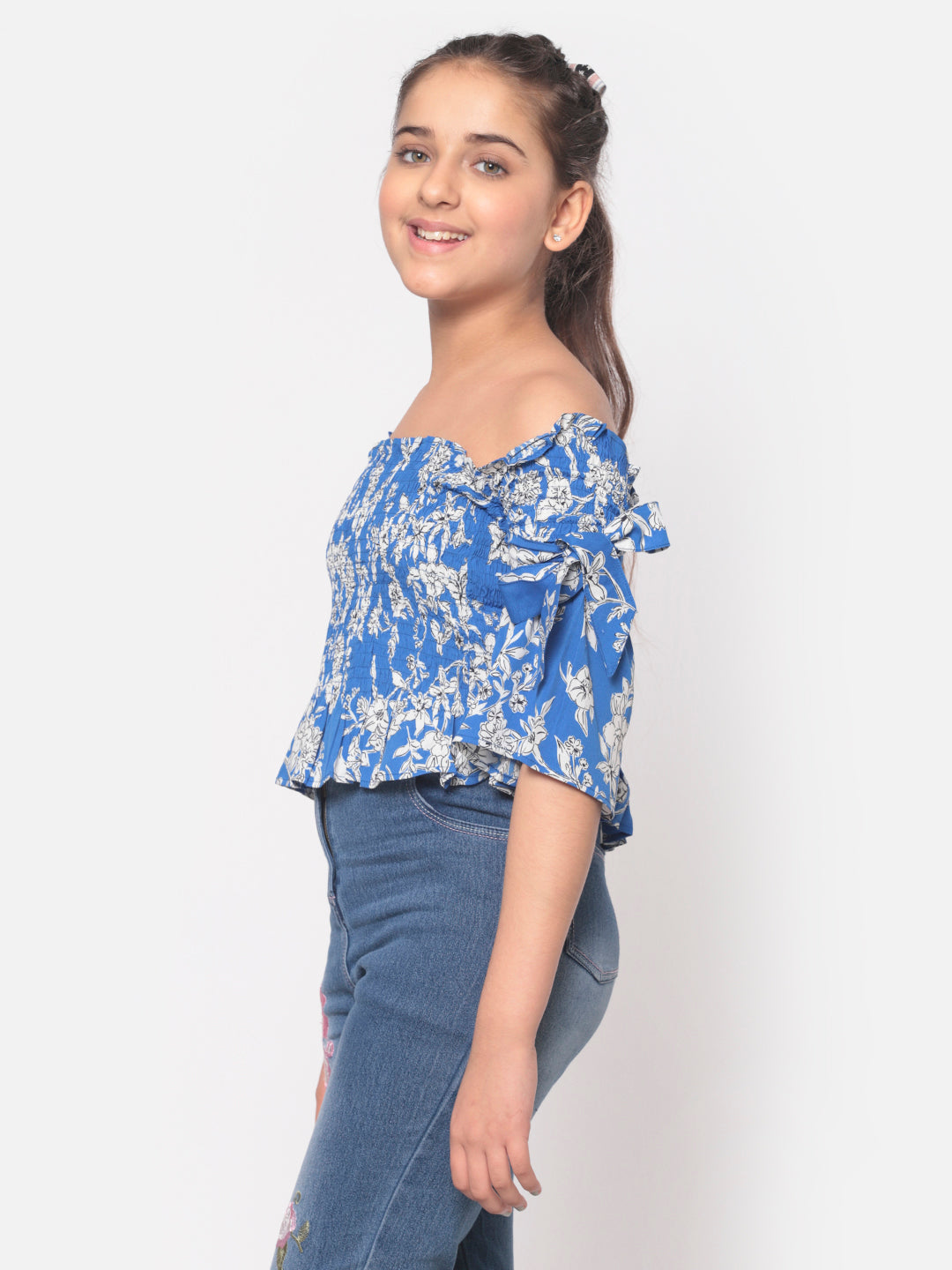 MINOS Blue Printed Smocked Top