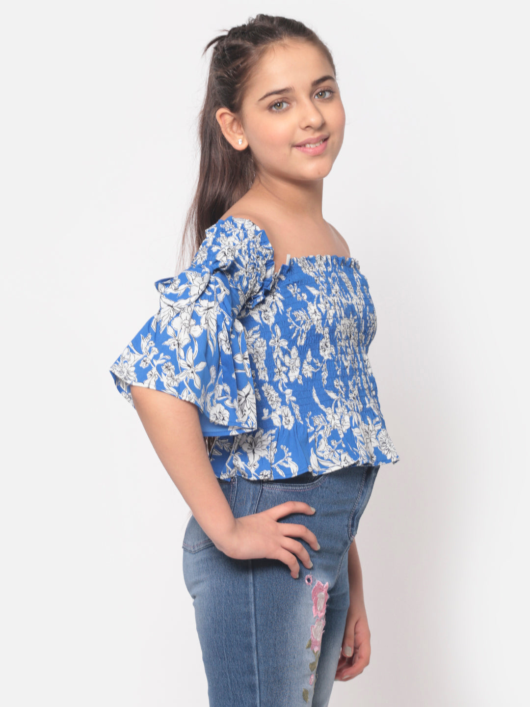 MINOS Blue Printed Smocked Top