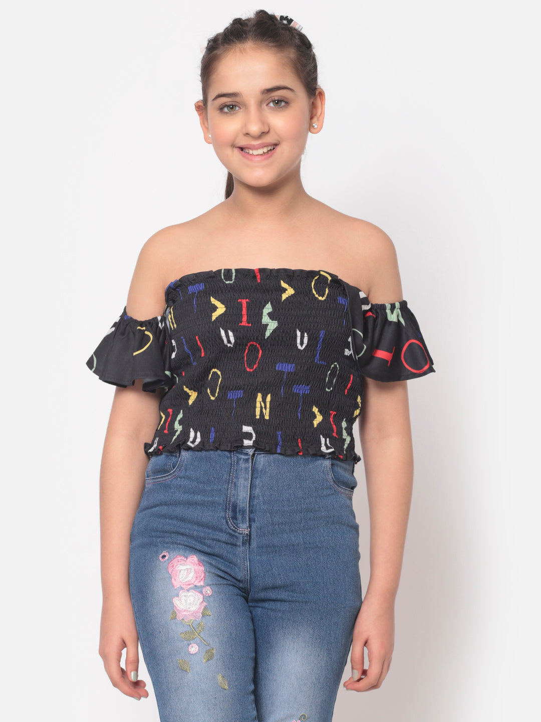 MINOS Black Printed Smocked Top