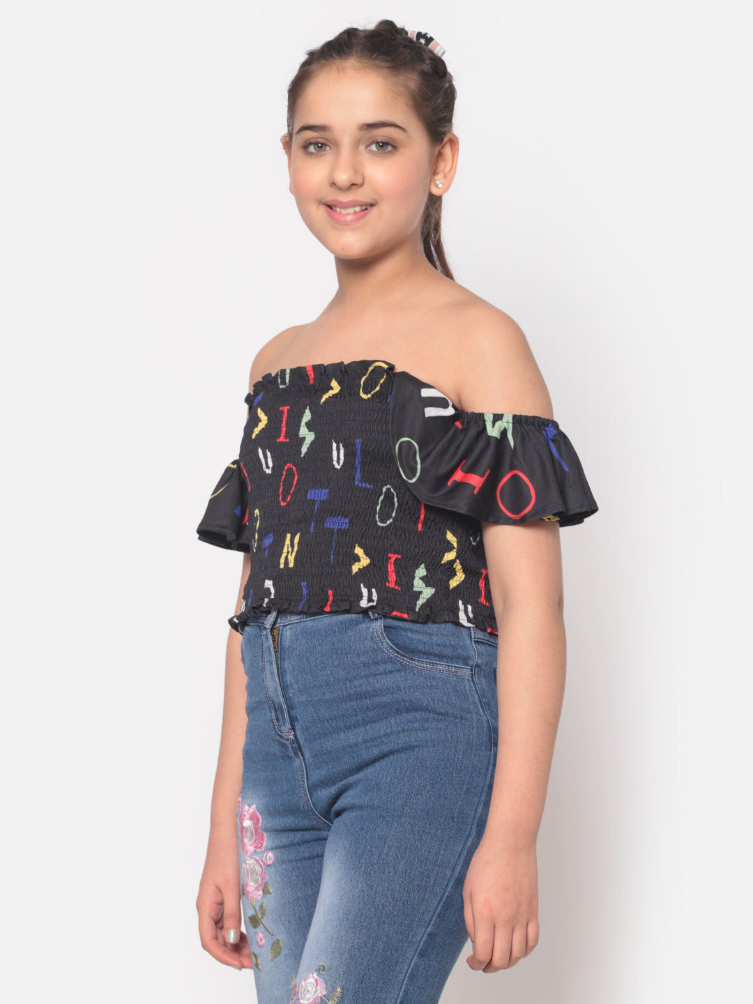 MINOS Black Printed Smocked Top