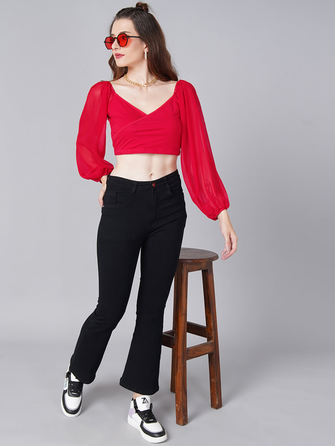 Red Wrap Balloon Sleeve Top