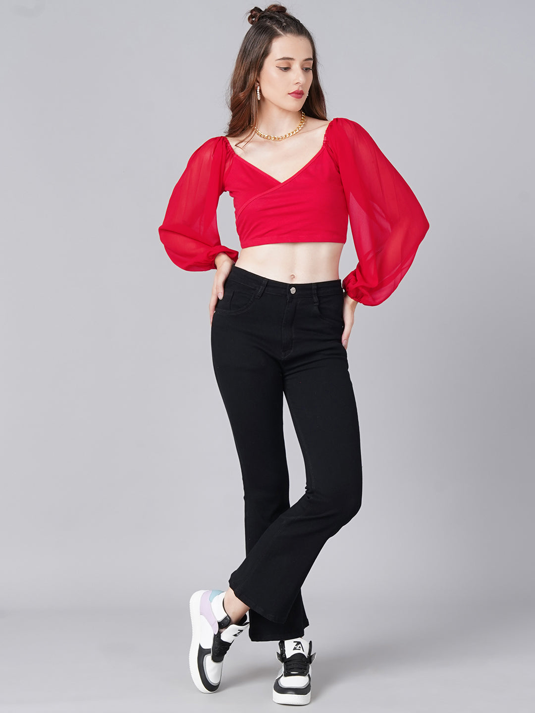 Red Wrap Balloon Sleeve Top