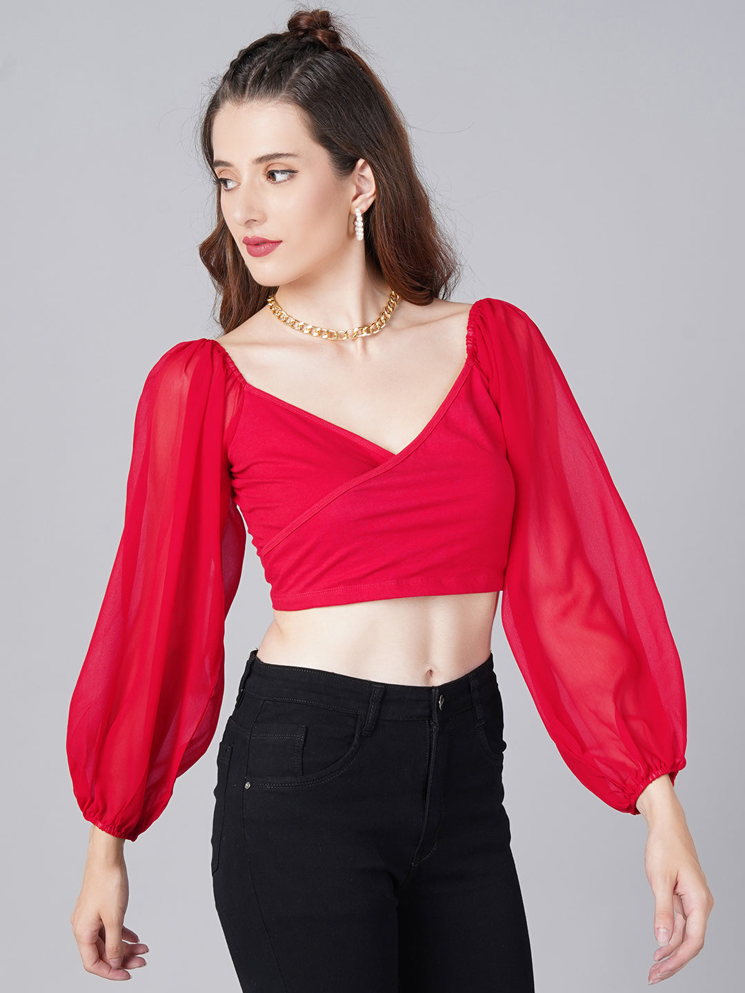 Red Wrap Balloon Sleeve Top
