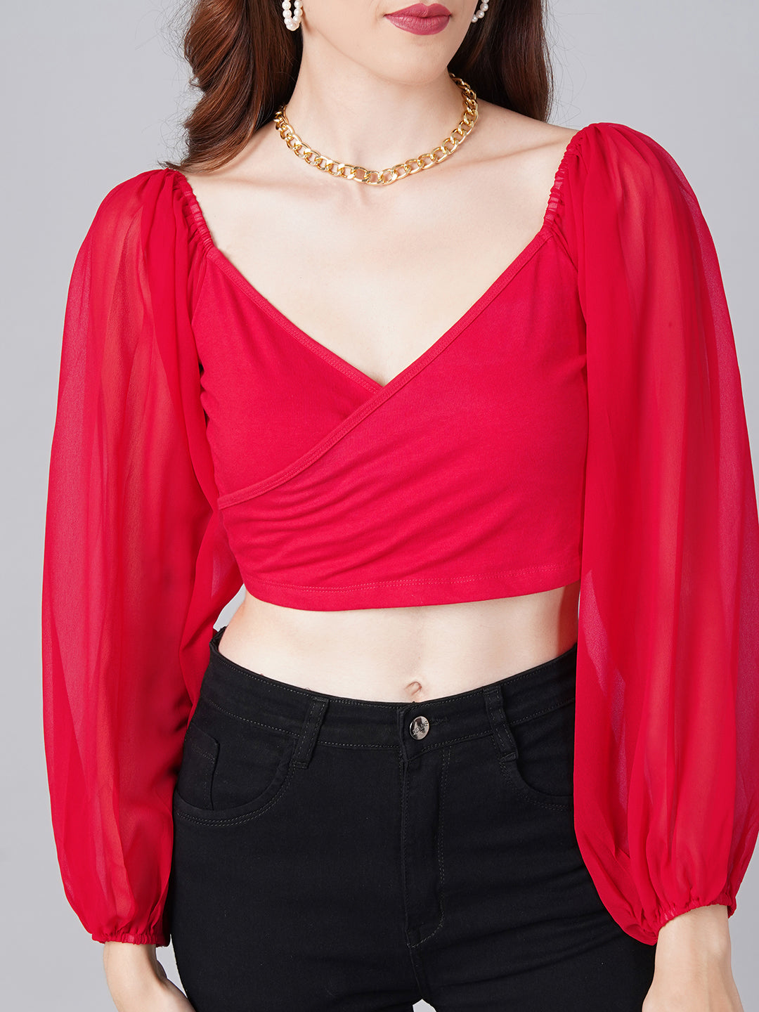 Red Wrap Balloon Sleeve Top