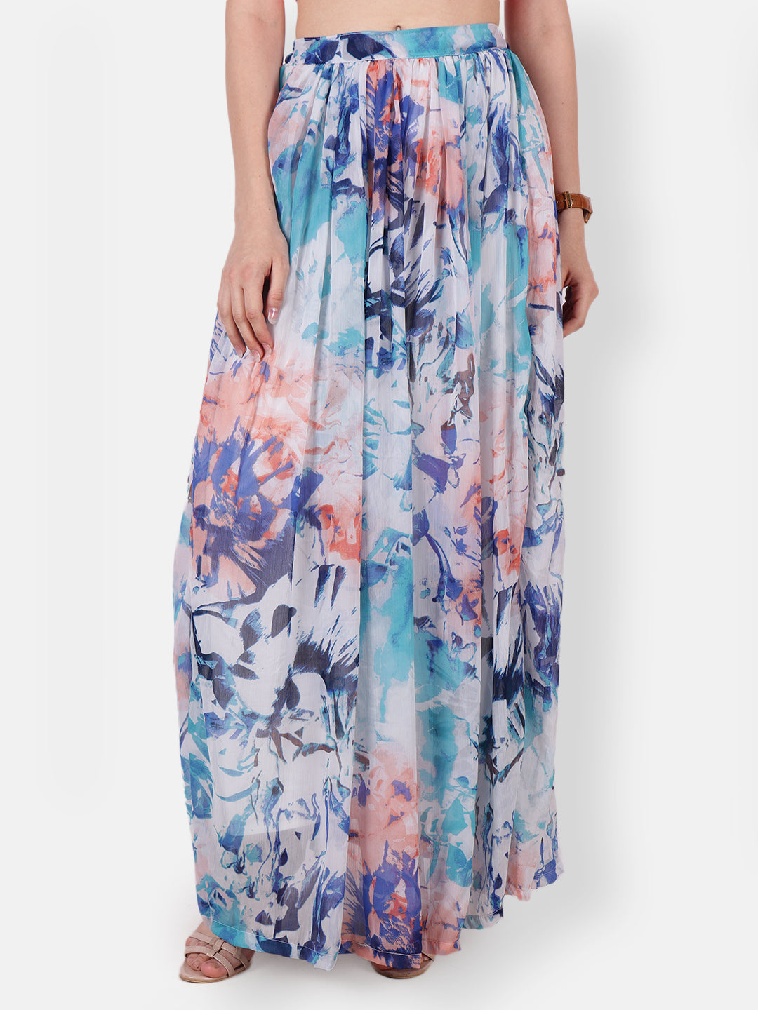 Scorpius Women White & Blue Floral Printed Flared Maxi Skirt