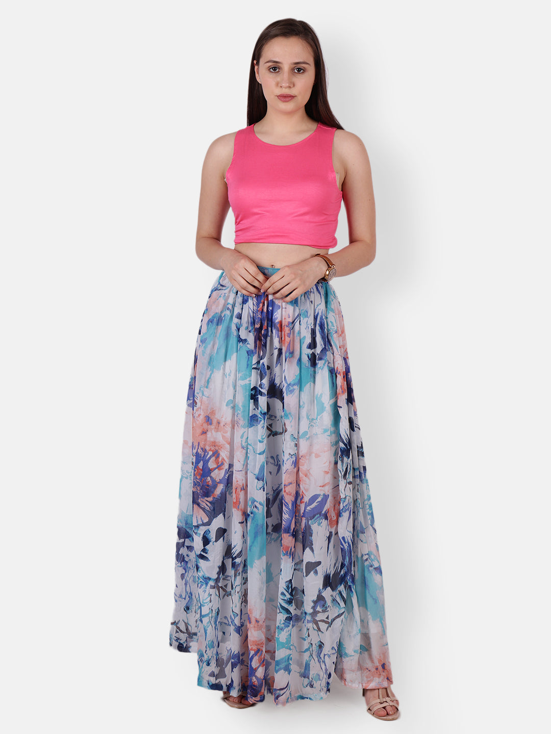 Scorpius Women White & Blue Floral Printed Flared Maxi Skirt