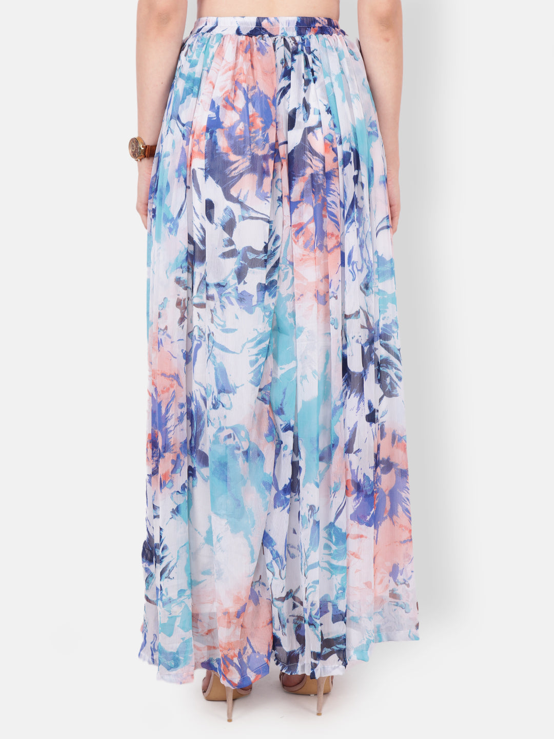 Scorpius Women White & Blue Floral Printed Flared Maxi Skirt