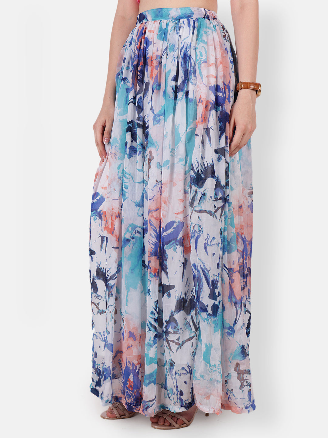 Scorpius Women White & Blue Floral Printed Flared Maxi Skirt