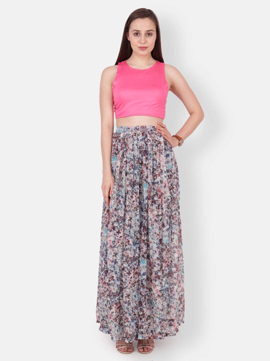Scorpius Women Off-White & Blue Floral Printed Flared Maxi Skirt