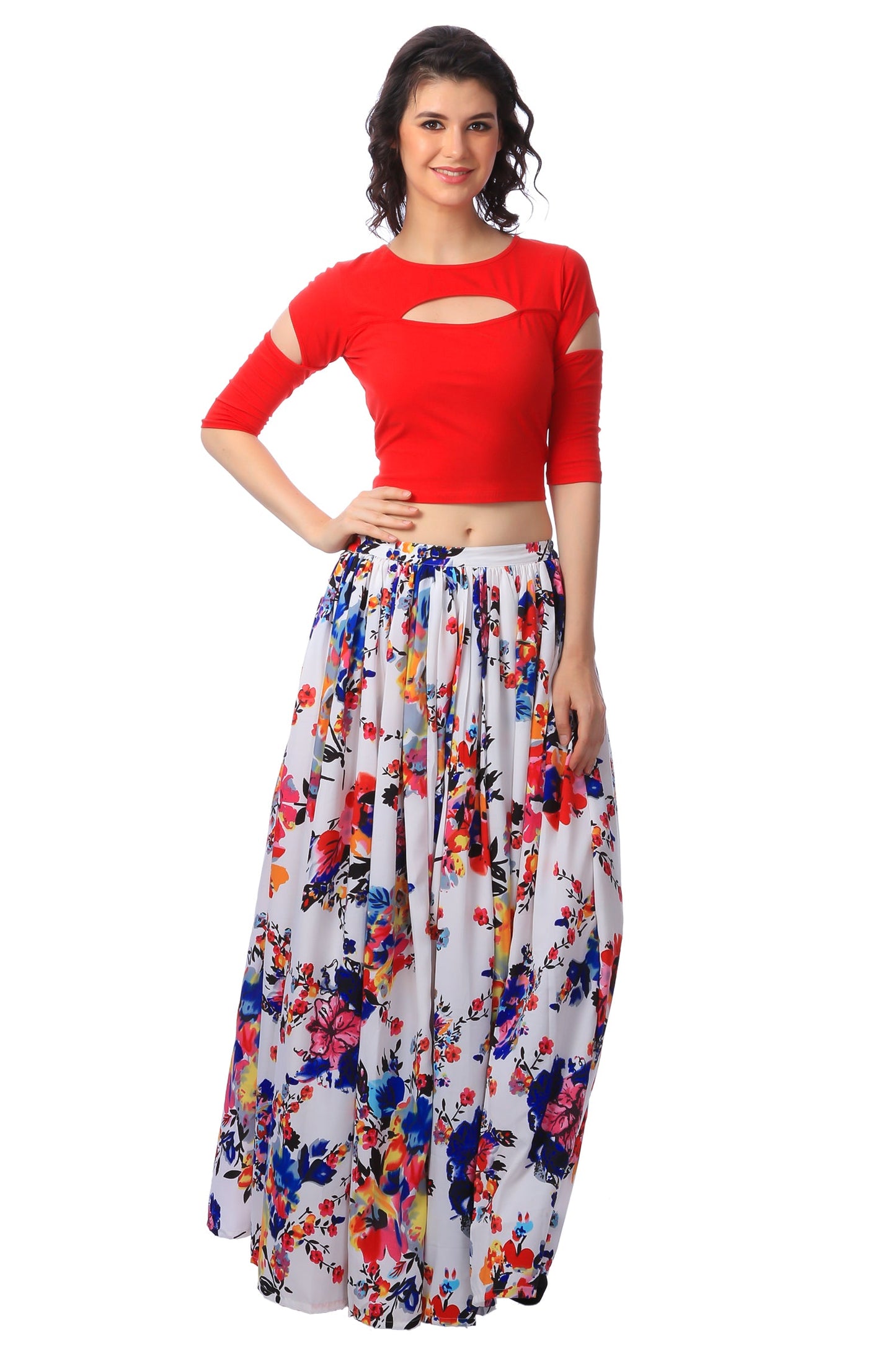 Scorpius White Solid Flared Maxi Skirt