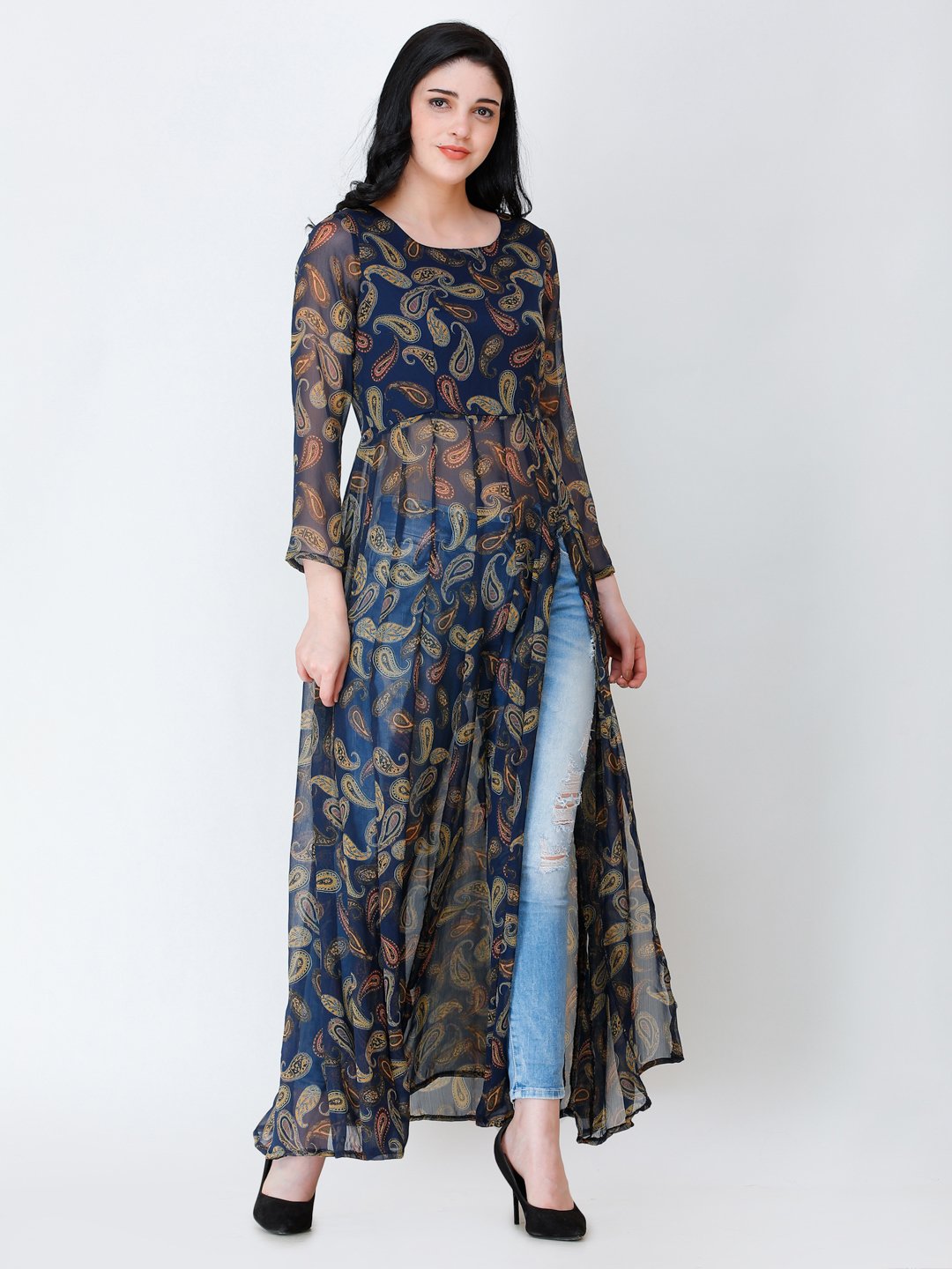 SCORPIUS Navy printed side slit long top