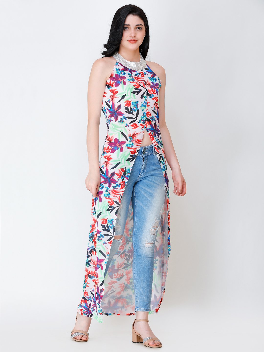 SCORPIUS floral printed front slit long top