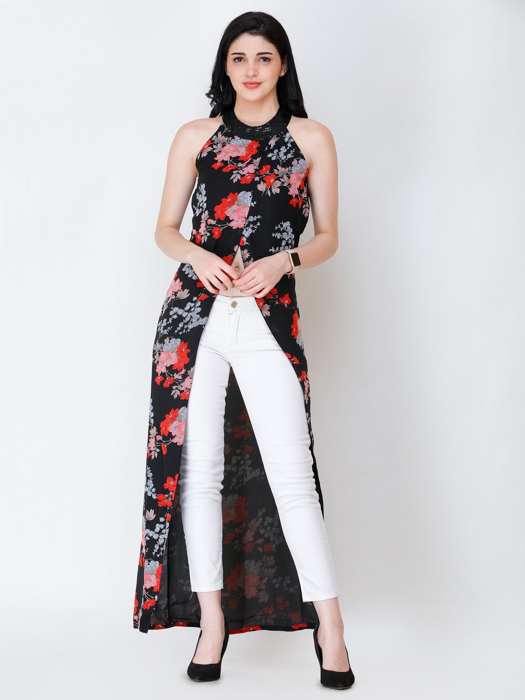 SCORPIUS floral printed front slit long top