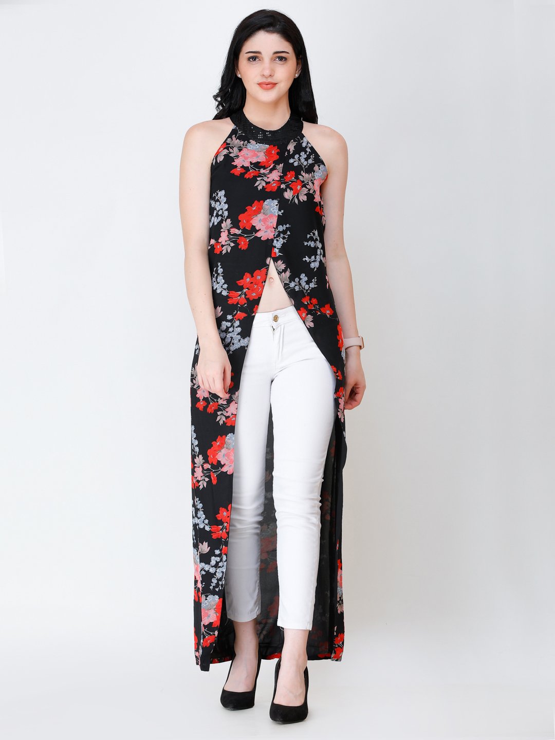 SCORPIUS floral printed front slit long top