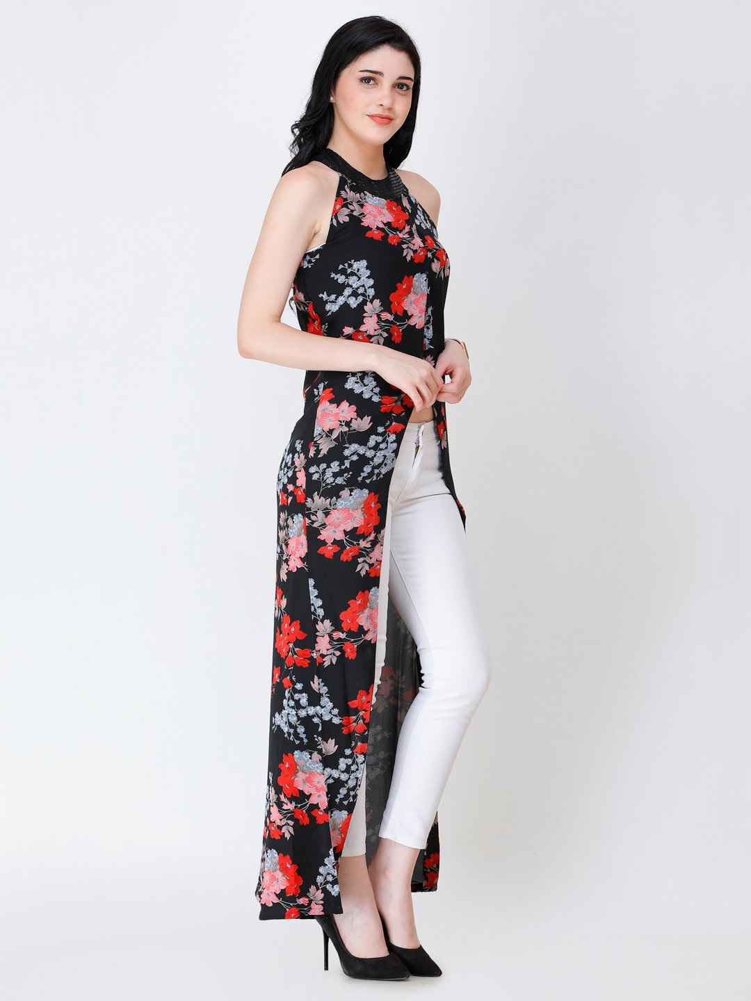 SCORPIUS floral printed front slit long top