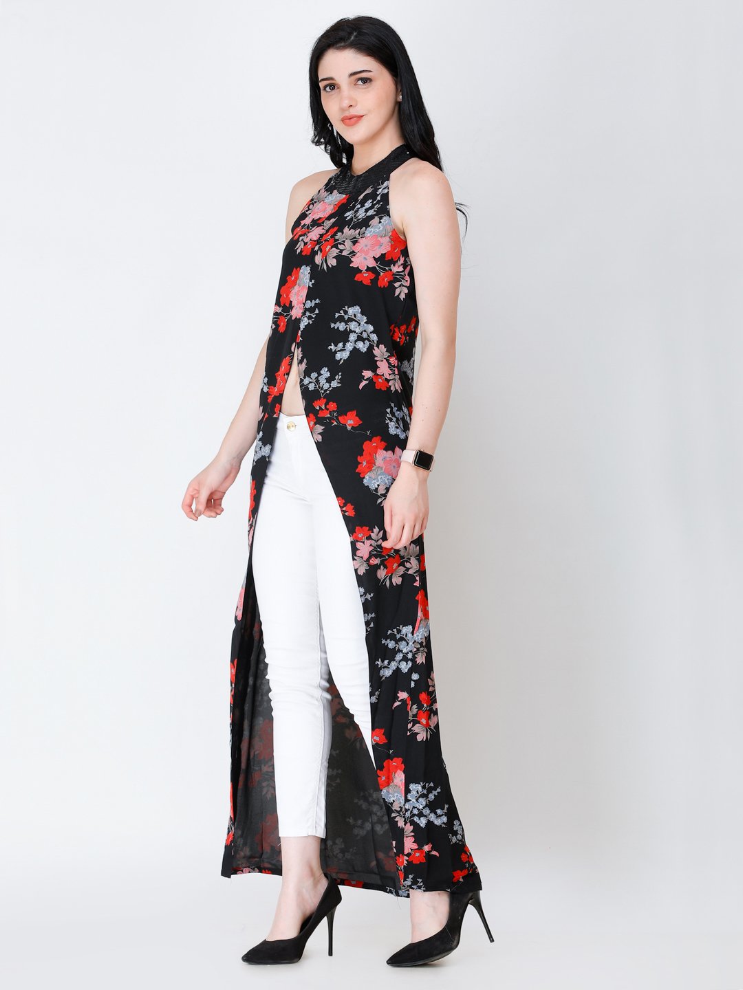 SCORPIUS floral printed front slit long top