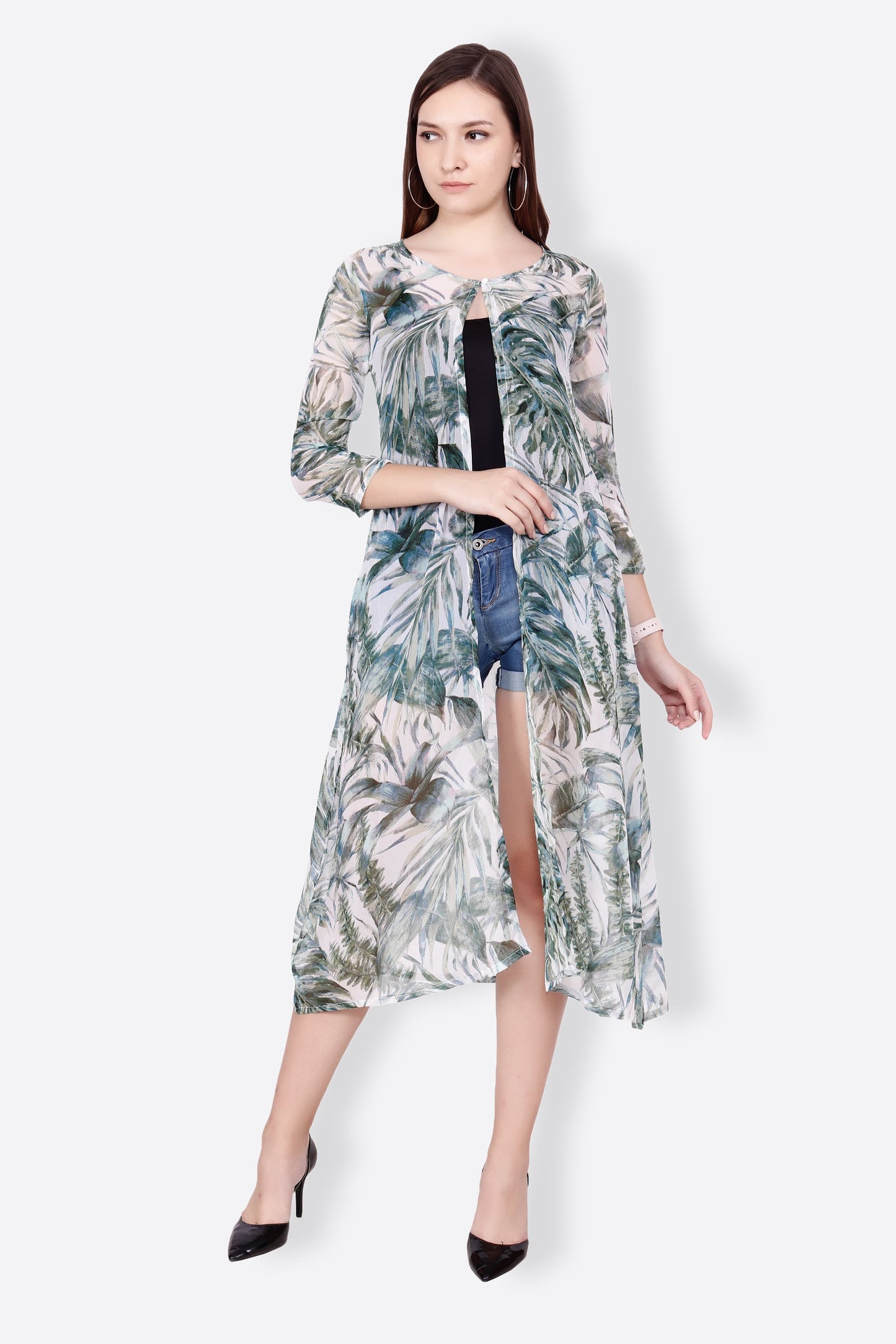 SCORPIUS Women Off-White & Blue Semi-Sheer Longline Shrug