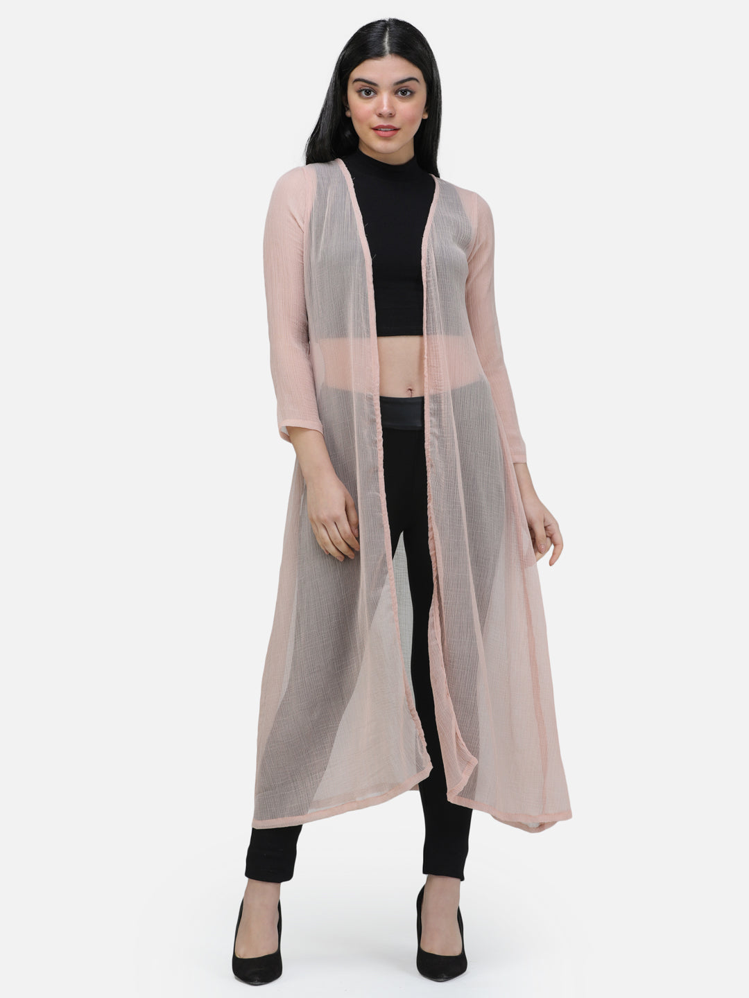 Scorpius Women Off-White & Green Semi-Sheer Longline Shrug