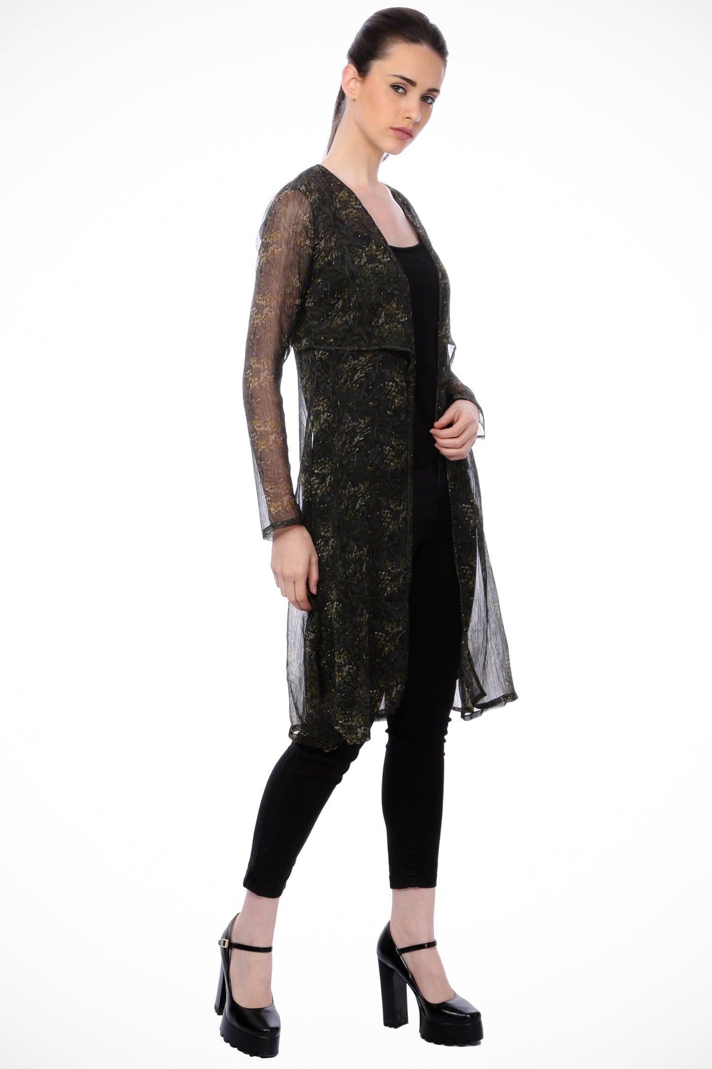 SCORPIUS Women Dark Green Printed Shrug