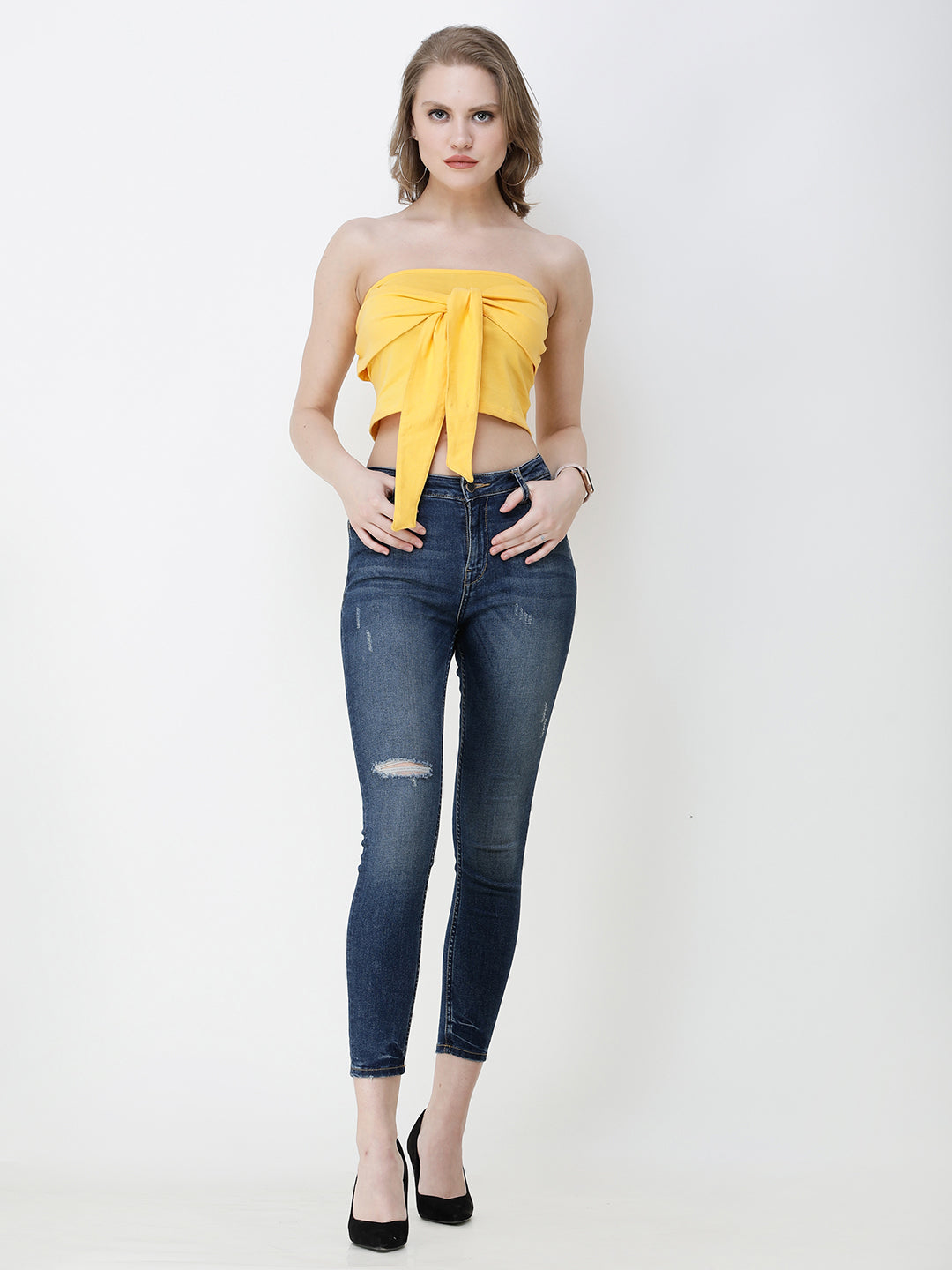 SCORPIUS Women Yellow Solid Tube Crop Top