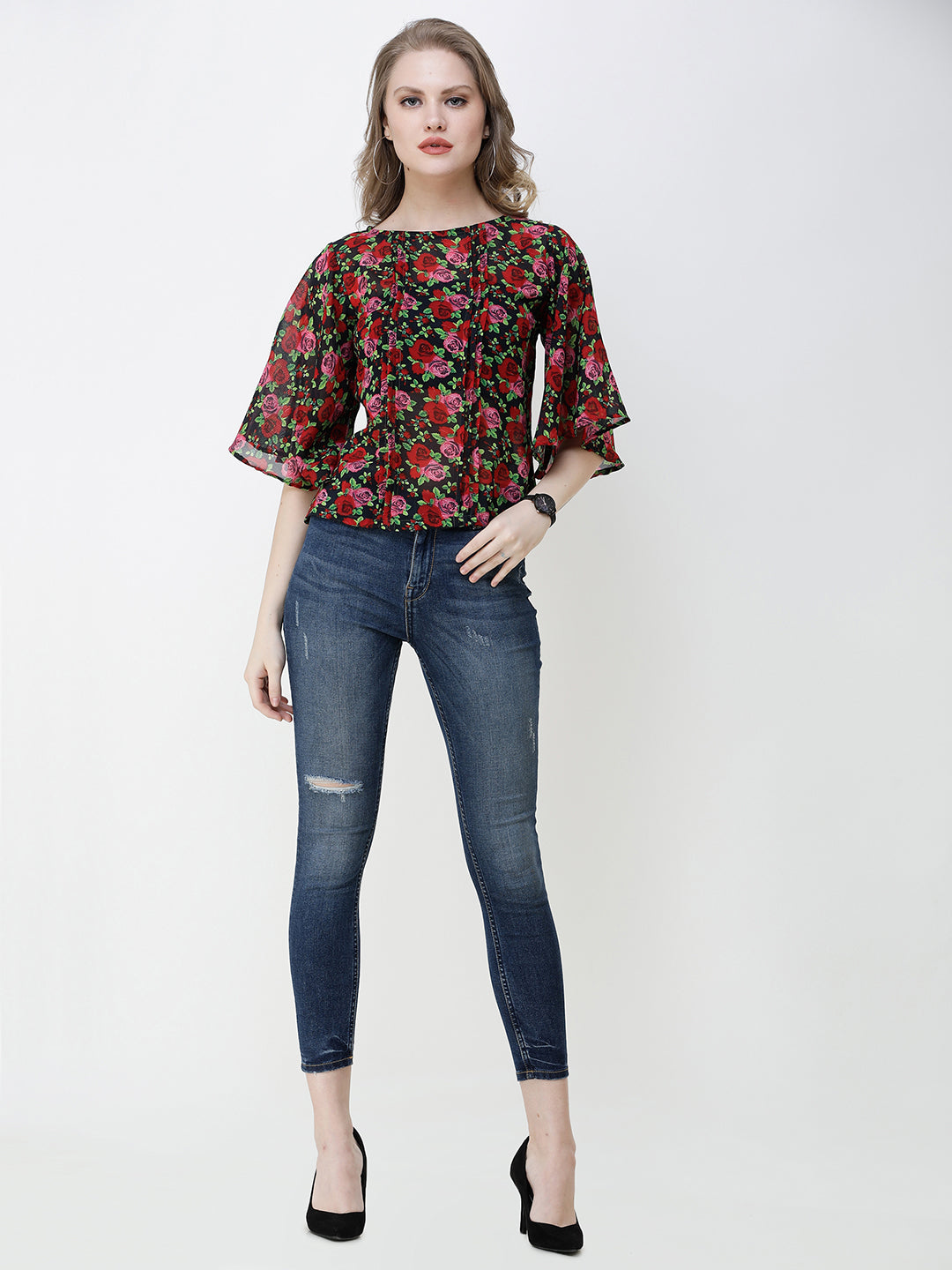 SCORPIUS Women Black & Red Floral Print Top