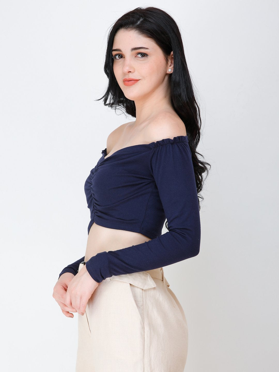 SCORPIUS Navy Blue off shoulder crop top