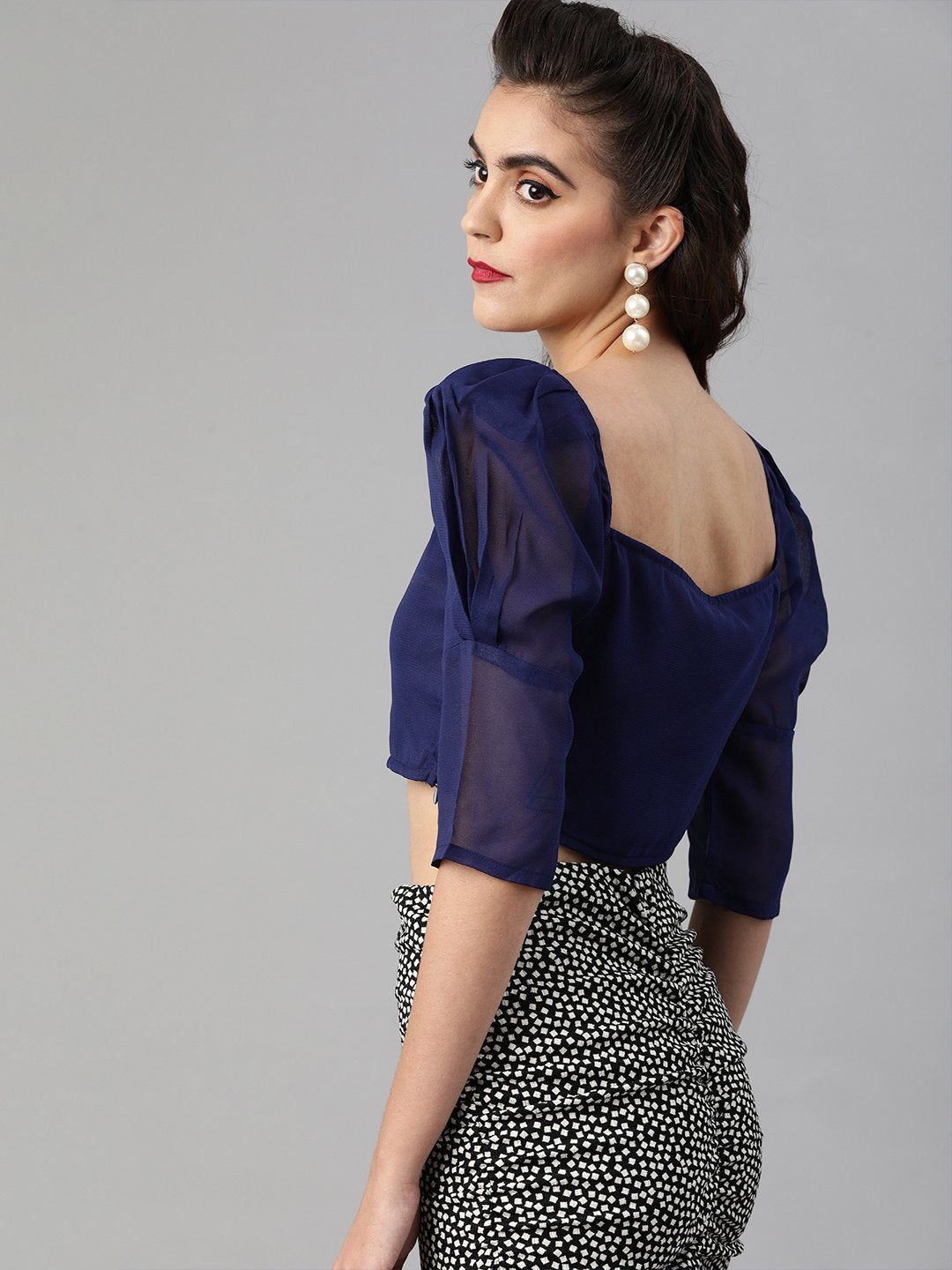 SCORPIUS Power shoulder Navy Georgette crop top