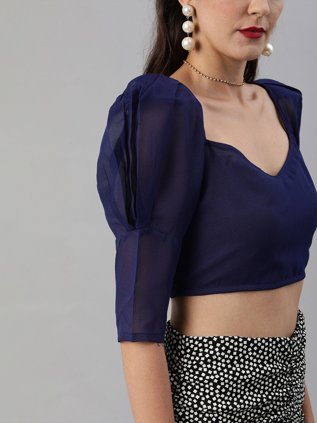 SCORPIUS Power shoulder Navy Georgette crop top