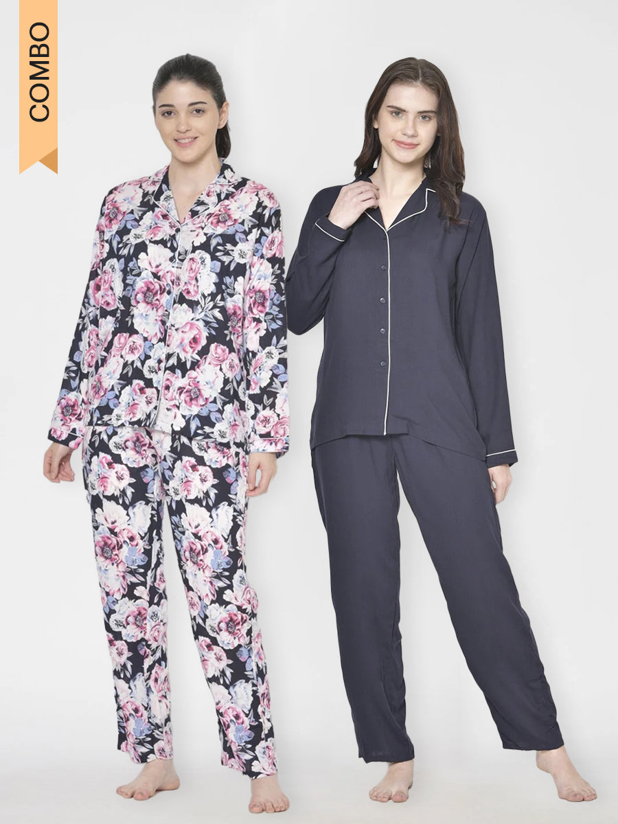 Cation Blue Solid Night Suit & Pink Printed Night Suit