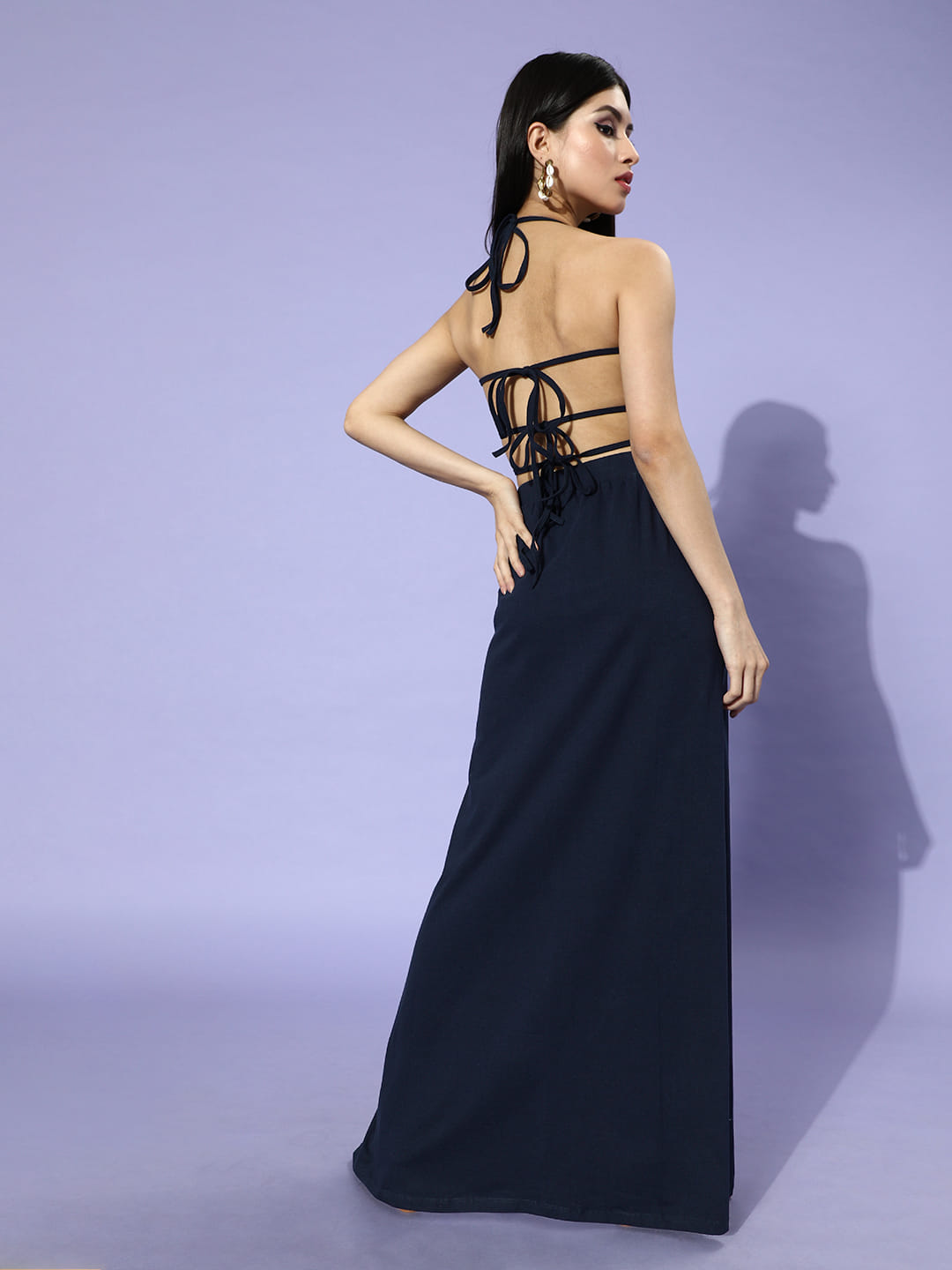 SCORPIUS Navy Backless Coord Set with a slit Skirt